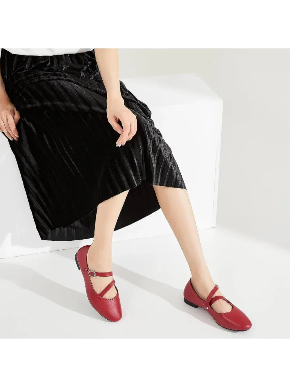 Women's Red Rubber Cross Buckle Strap Ballet Flats Soft Memory Foam Casual Shoes